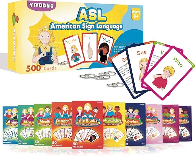 ASL Flash Cards - 500 American Sign Language FlashCards for Beginners and Toddlers, Kids, Teens and Adults Include Verbs, Nouns, Sight Words