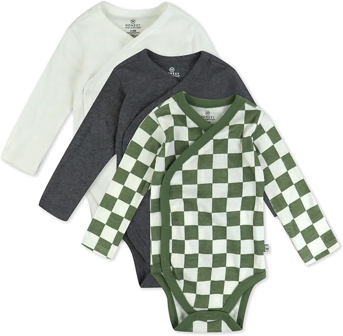 HonestBaby unisex-baby 3-pack Long Sleeve Side-snap Kimono Bodysuits Organic Cotton for Infant Baby Boys, Girls, Unisex