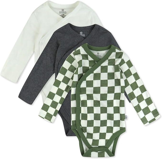 HonestBaby unisex-baby 3-pack Long Sleeve Side-snap Kimono Bodysuits Organic Cotton for Infant Baby Boys, Girls, Unisex