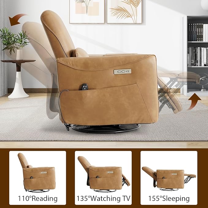 Swivel Glider Rocking Recliner, Power Recliner Chairs with Massage & Lumbar Support, Upholstered Faux Leather Reclining Sofa Chair for Living Room & Nursery (Brown)