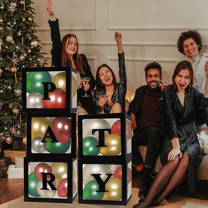 Ledido Black Transparent Balloon Boxes With 78 Letters, Letter Box for Baby Shower Clear Baby Box Black Balloon Boxes for Birthday, Bridal Shower, Graduation Prom Party Decoration, 5 PCS