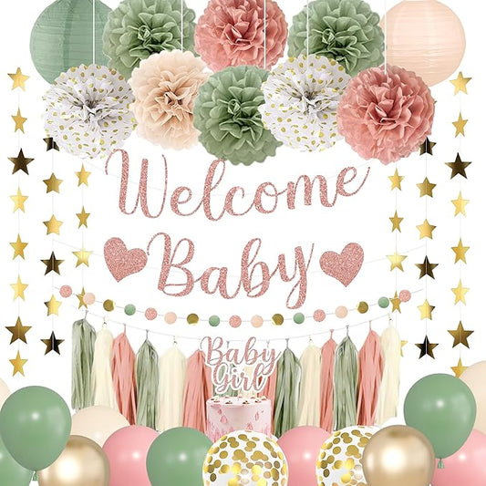 Amandir Girl Baby Shower Decorations Pink Sage Green Balloons Welcome Baby Banner, Cake Topper, Paper Lanterns, Pom Poms Flowers Tassels, Circle Dots Star Garland Gender Reveal Birthday Party Supplies