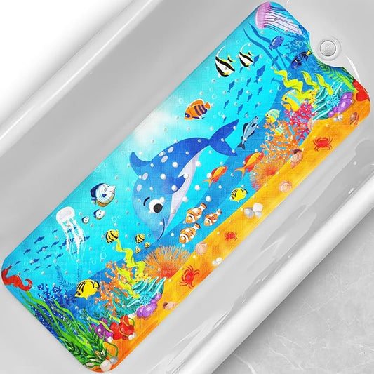 Linoows Baby Bath Tub Mat, 40 x 16 Inch Extra Large Non Slip Kids Cartoon Bathtub Shower Mats with Suction Cups & Drain Holes, Machine Washable for Bathroom, Undersea Dolphin