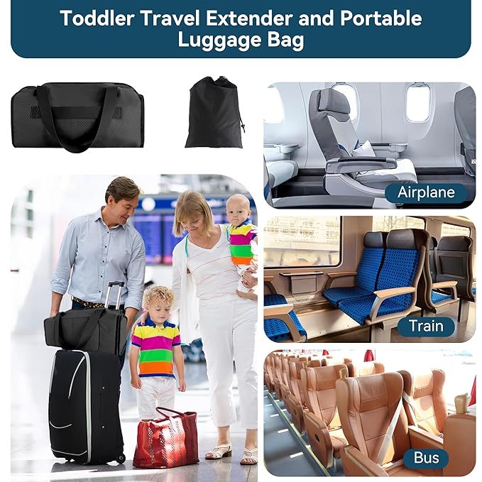 Toddler Airplane Bed & Travel Bag 2 in 1, Portable Airplane Seat Extender for Kids, Adjustable Footrest Baby Airplane Travel Essentials, Carry On Gym Weekender Bag for Mommy (Black)