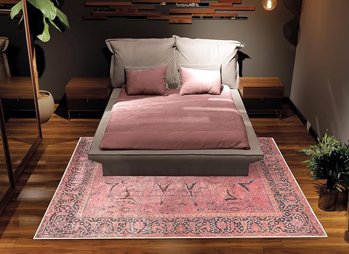 Bloom Rugs Washable Non-Slip 9' x 12' Rug - Soft Pink Traditional Bordered Area Rug for Living Room, Bedroom, Dining Room, and Kitchen - Exact Size: 9' x 12'