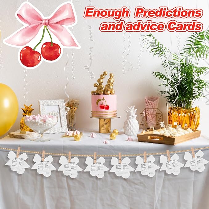 50 Pcs Cherry on Top Baby Shower Decorations Double Side Baby Predictions & Advice Cards for New Parents Cherry Shower Games with Cards Wooden Keepsake Box for Wishes Decorations