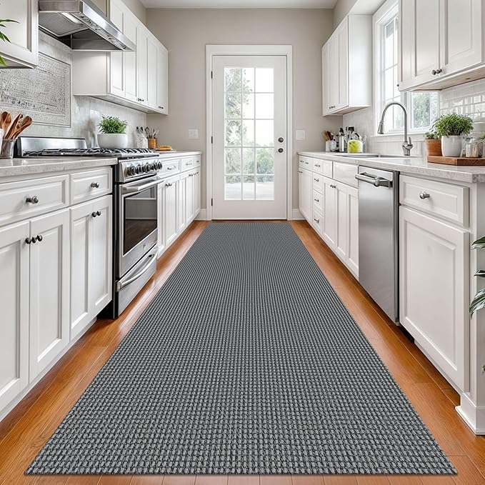 KOZYFLY Long Runners for Hallways 3x12 ft Washable Kitchen Runner Non Slip Rubber Backed Hallway Rugs Cotton Entryway Runner Rug Floor Carpet for Indoor Hall, Backdoor, Kitchen, Grey/Dark Grey