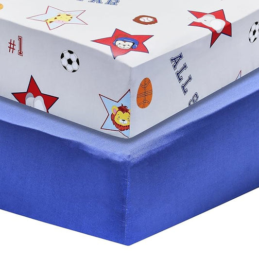 EVERYDAY KIDS 2 Pack Fitted Boys Crib Sheet, 100% Soft Breathable Cotton Baby Sheet, Fits Standard Size Crib Mattress 28in x 52in, Nursery Sheet with Giraffe, Elephants Sports Theme and Solid Blue