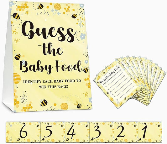 Baby Shower Game Set, Find The Baby Food Party Games(1 Standing Sign + 20 Answer Cards + 6 Number Cards), Bumble Bee Shower Games, Honey Honeycomb Gender Reveal Party Favor Decor(A07)