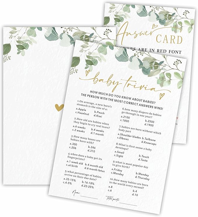 Baby Trivia - Baby Shower Game Cards - Golden Greenery - 30 Double-Sided Fill In Style Game Cards With Answer Card, Gender Reveal, Baby Announcement, Party Games & Activity - D13