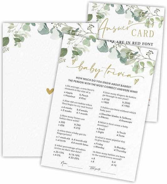 Baby Trivia - Baby Shower Game Cards - Golden Greenery - 30 Double-Sided Fill In Style Game Cards With Answer Card, Gender Reveal, Baby Announcement, Party Games & Activity - D13