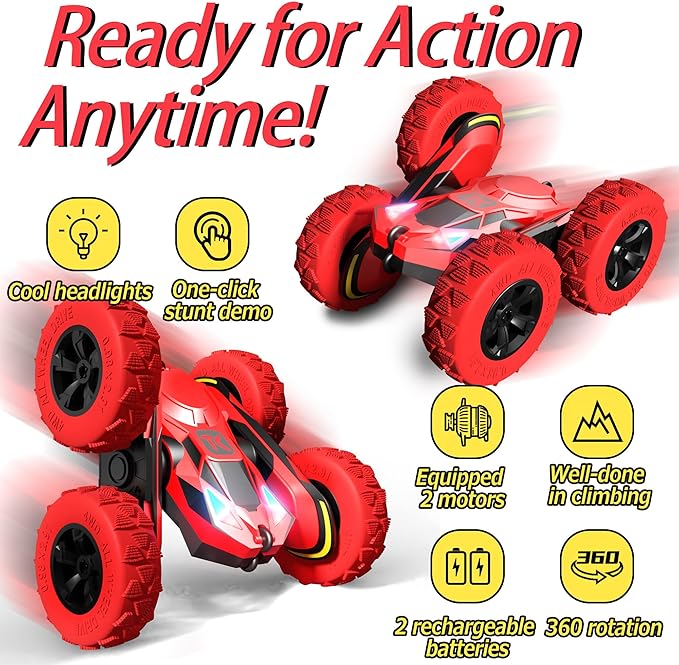 Threeking RC Stunt Car Remote Control Cars with Lights Double-Sided Driving Indoor Outdoor Toys Gifts Presents for 6 7 8 9 10 11 12 Year Old Kids Boys Girls
