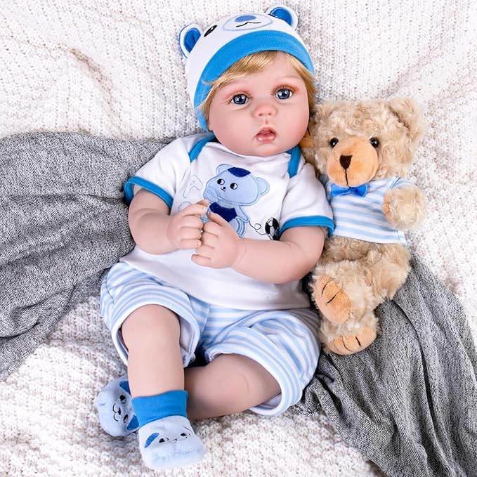 Aori Reborn Baby Boy Doll - 22 Inch Lifelike Realistic Newborn - Handmade Weighted Baby Dolls with Soft Cloth Body Cuddly Reborn Toddler for Kids 3+ | Realistic Boy Doll Gift Set