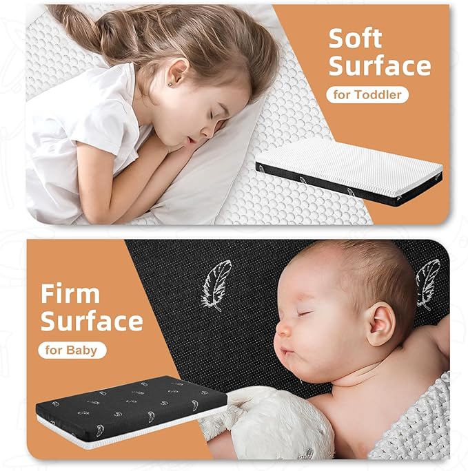 Crib Mattress, 52 x 27 Dual-Sided Comfort Baby and Toddler Mattress with Memory Foam, Waterproof, Breathable & Removable Cover with One of Side Cooling Fibers Specially Designed for Summer
