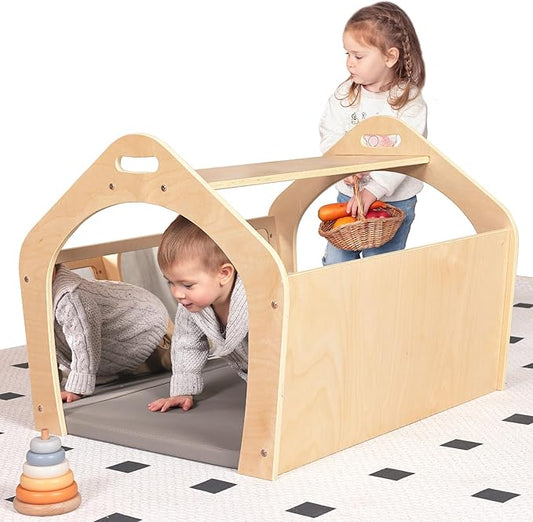 Wooden Playhouse for Toddlers w/Double Non-Shatter Safety Mirrors, Montessori Crawling Tunnel/Crawl-Through Play Set for Children and Kids, Daycare and Preschool Playroom(with Cushion)