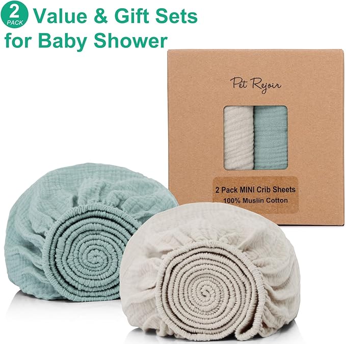 Muslin Mini Crib Sheets for Girls & Boys-2 Pack 24"x 38" Soft Baby Mattress Sheets Fitted-No Slip Neutral Toddler Cotton Bedding-Boho Nursery Décor Sage Green & Beige