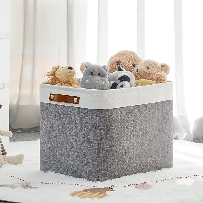 HNZIGE Large Fabric Storage Baskets Bins for Organizing [2 Pack] Foldable Storage Bin Tall Baskets for Shelves 16" X 11.8" X 11.8" Canvas Rectangular Decorative Storage Bins for Closet(Gray&White)