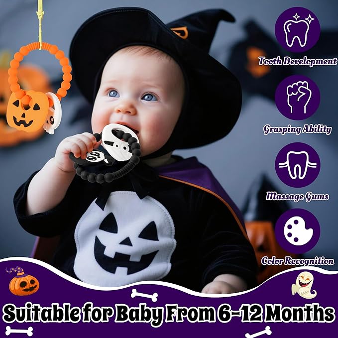 Silicone Teether Toys for Babies - 3Pcs Halloween Themed Teething Ring, Pumpkin Skull Baby Sensory Chew Toys with Rattles for Newborn Boy and Girl to Soothe Sore Gums, Baby Shower Birthday Gifts