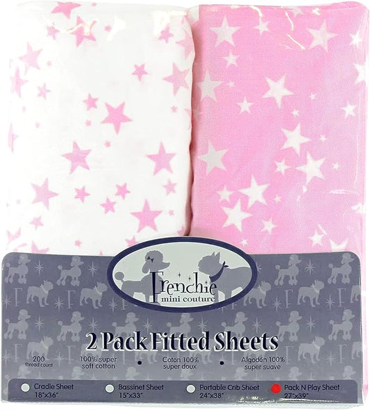 Fitted Pack N Play Sheets 100% Woven Cotton Standard Mattress, Pink Stars, 27 x 39in, 2-Pack