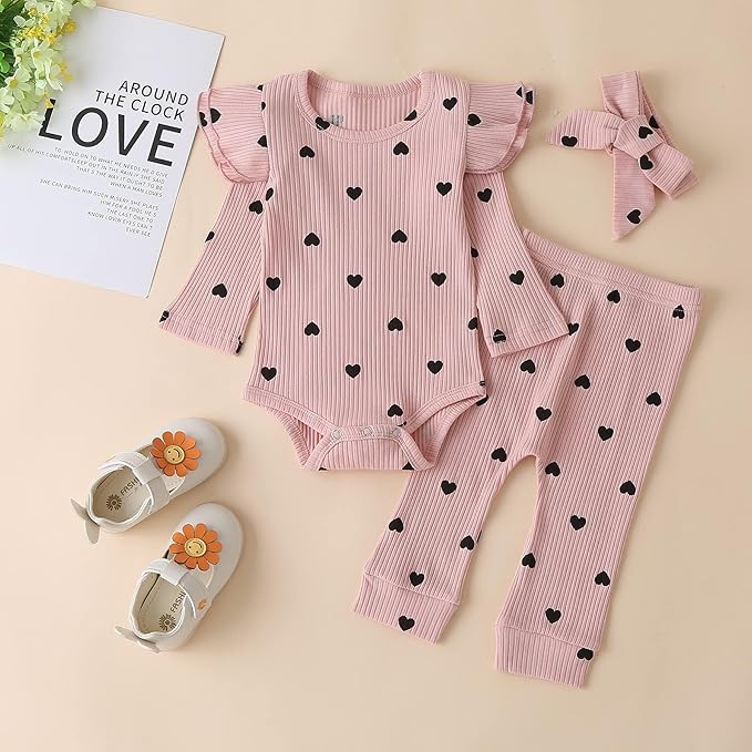 Fullfamous Baby Girl's 3pc Rib Frill Long Sleeve Romper and Pant Set