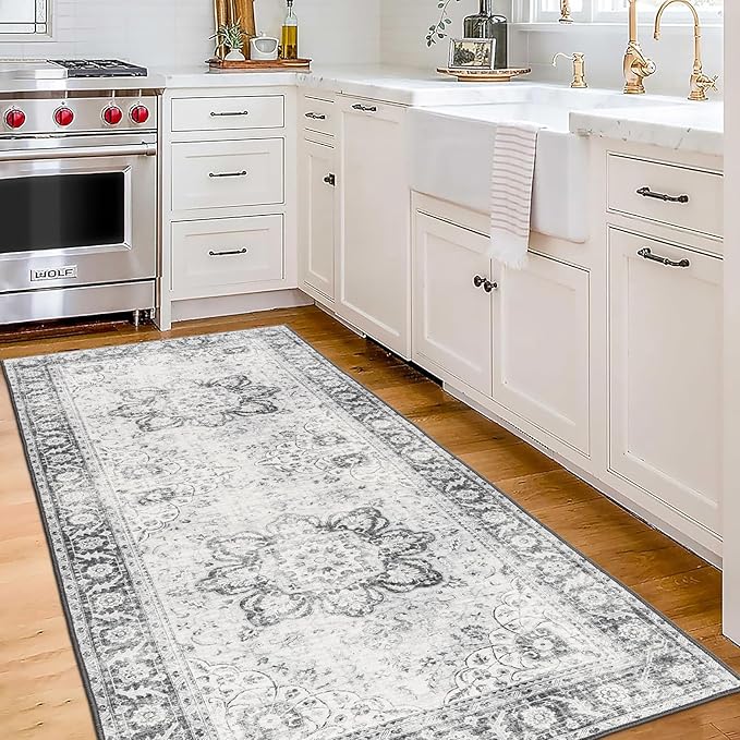 ReaLife Rugs Machine Washable Area Rug Runner - Living Room Bedroom Bathroom Kitchen Entryway Office - Padded Low Pile Stain Resistant Premium - Boho Farmhouse Vintage - Joy - Gray 2'6" x 8'