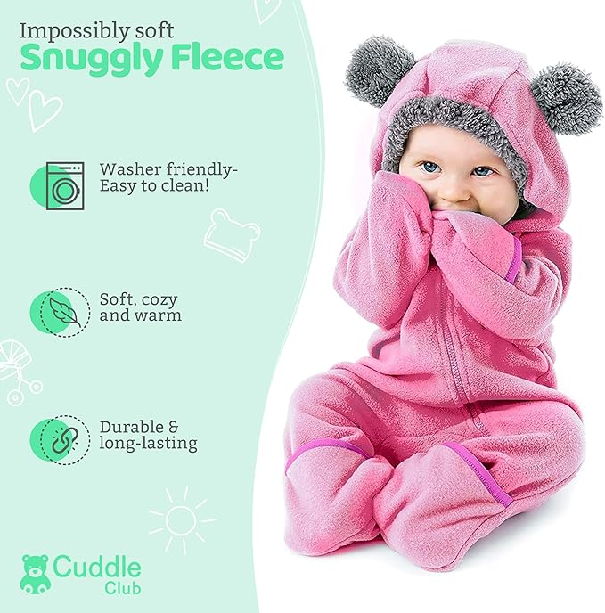 Cuddle Club Fleece Baby Bunting Bodysuit with Hood, Convertible Mittens & Booties, Car Seat Friendly, Soft & Warm, Easy Zip