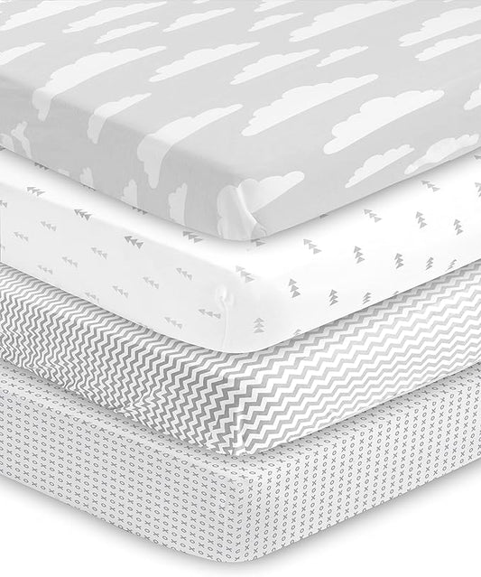BaeBae Goods Premium Crib Sheets for Baby Boys and Girls, 4 Pack, Soft and Breathable Jersey Knit Fitted Sheet Set, Grey and White, Cute Gender Neutral Nursery Mattress Bedding, Universal Fit
