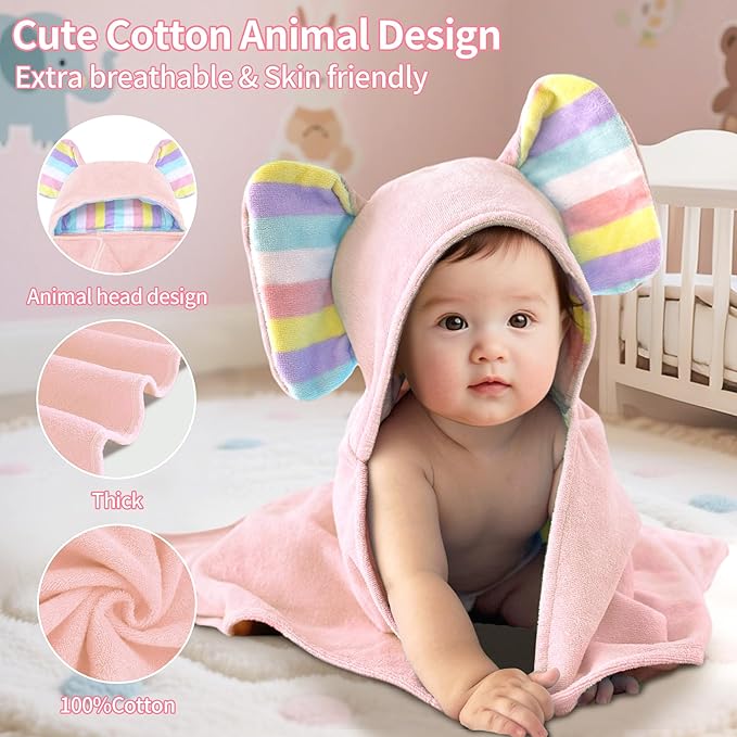 VOOVA & MOVAS Baby Hooded Bath Towel - 100% Cotton, 33x23.5 Inches,0-3Years,Super Absorbent Large Towel with Cute Elephant Ears Hood for Newborn, Baby, Toddler,Pink