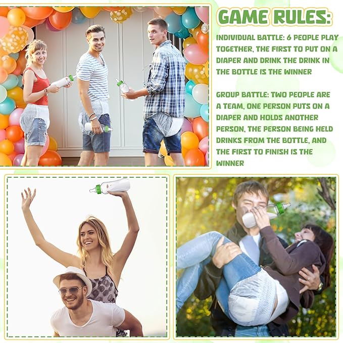 Hushee 12 Sets Funny Plastic Bottle Chug Baby Shower Games Diaper Baby Shower Game Gender Reveal Race Gifts Decoration for Adults Boys Girls (Green)
