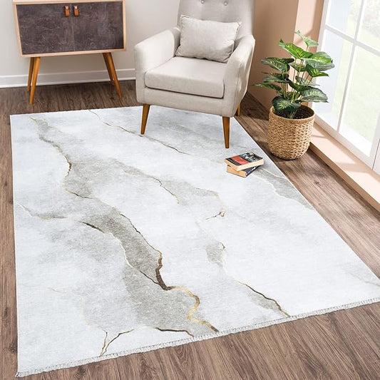 Bloom Rugs Caria Washable Non-Slip 5x7 Rug - Ivory/Gold Modern Abstract Area Rug for Living Room, Bedroom, Dining Room, and Kitchen - Exact Size: 5' x 7'