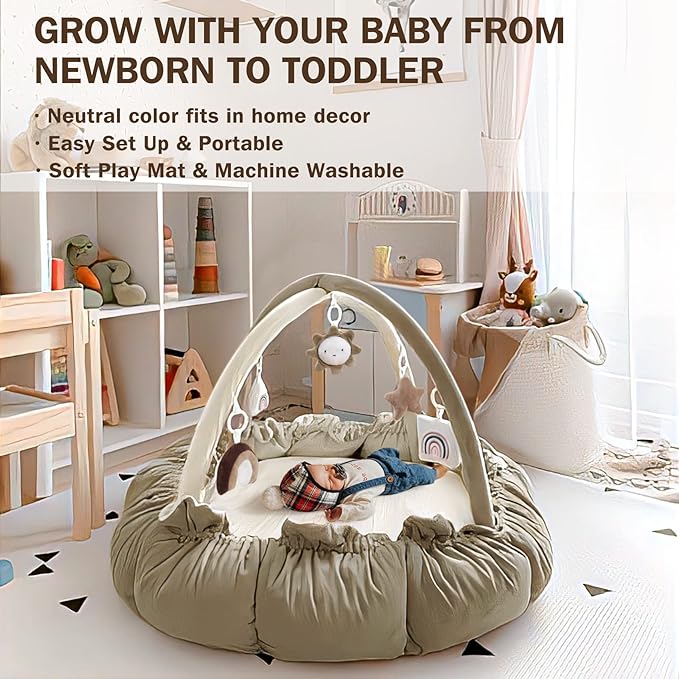 5-in-1 Convertible Baby Play Gym with 6 Toys, Tummy Time Mat for Sensory Development, Baby Activity Center from Newborn to Toddler, Ball Pit, Cat & Dog Bed, Soft Plush Pet Bed, No Ball Included Brown