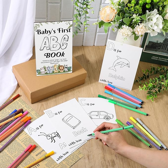 Geelin 51 Pcs Fun Baby Shower Game Activities First ABC Book Sign Coloring Game Card 26 Alphabet a to Z Coloring Card with 24 Watercolor Pen Storage Bag for Baby Shower Party(Safari)