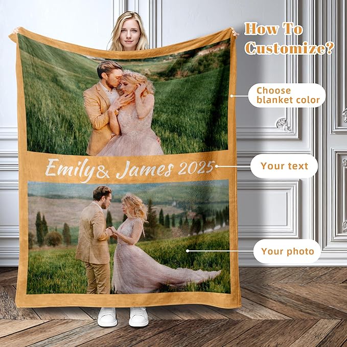 Custom Personalized 9 Photo Collage Blanket Thow Gifts with Text, Customized Pictures Blankets Gift for Christmas Birthday Thanksgiving Adults Kids Dad Mom Girlfriend Boyfriend (2 Grid Text)