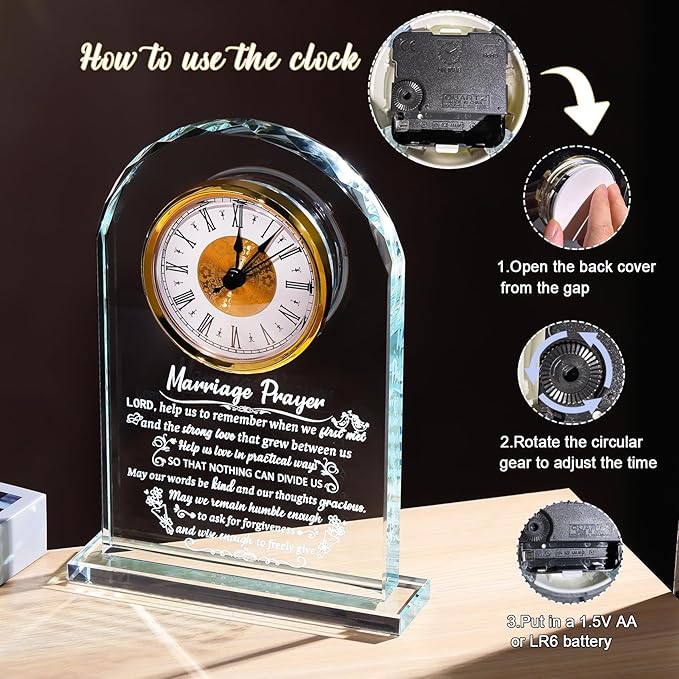 Glass Clock Wedding Gifts for Couples 2025, Happy Anniversary Marriage Prayer Gift with Inspiring Quotes, Unique Newlywed Mr and Mrs Gifts, Engagement Presents for Home