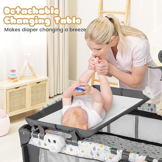 BABY JOY 3 in 1 Pack and Play, Portable Baby Playard with Bassinet, Changing Table, Lockable Wheels, Glowing Music Box, Travel Baby Crib Bassinet Bed from Newborn to Toddler