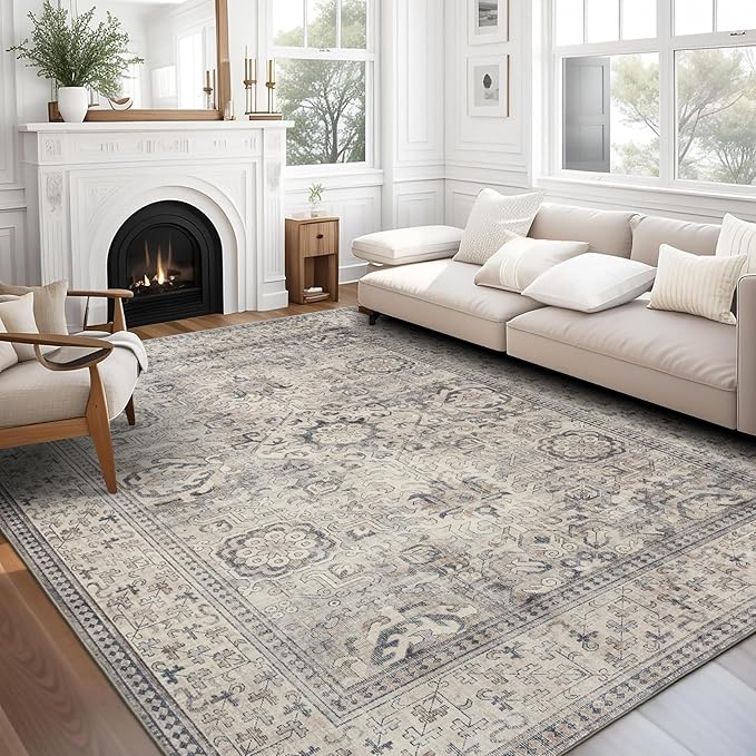 ReaLife Rugs Machine Washable Area Rug Runner - Living Room Bedroom Bathroom Kitchen Entryway Office - Padded Low Pile Stain Resistant Premium - Boho Farmhouse Vintage - Paz - Beige Gray Ivory 3'x5'