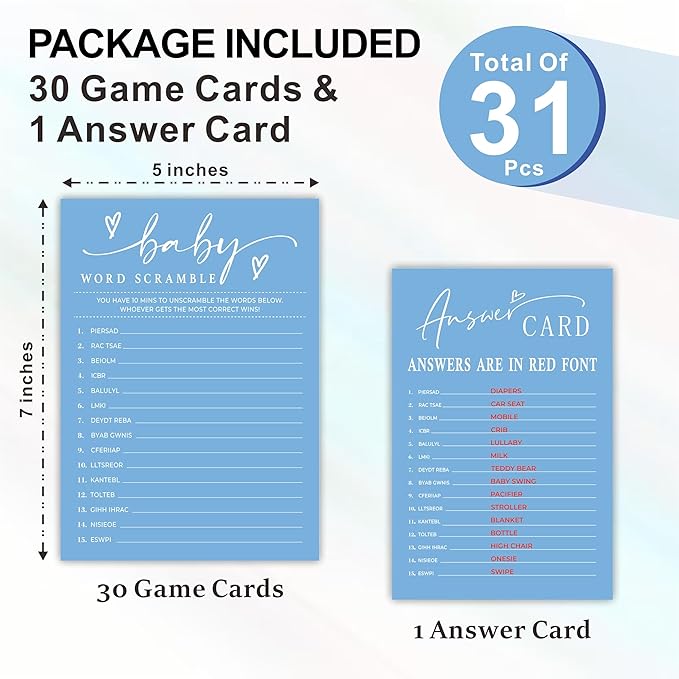 Baby Word Scramble Baby Shower Game Cards - Minimalism Blue - 30 Double-Sided Fill In Style Game Cards With Answer Card, Gender Reveal, Baby Announcement, Party Games & Activity - C14
