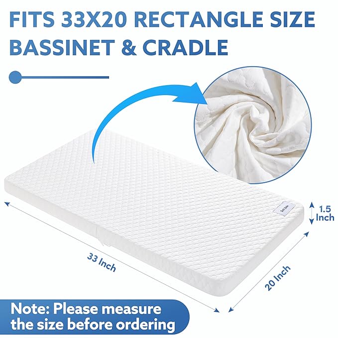 Pro Goleem Baby Bassinet Mattress Pad 33"x20" Rectangle, Waterproof Soft Cover Gel Memory Foam, Dual Side Cradle Mattress fits for BabyDelight/MikaMicky/KoolerThings