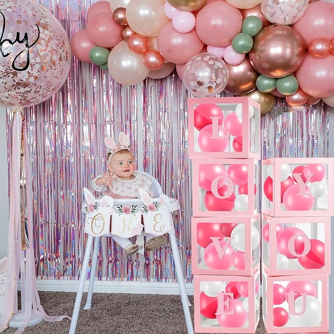 Ledido Transparent Balloon Boxes With 78 Letters, Pink Baby Boxes with Letters for Baby Shower Clear Letter Boxes for Party Wedding Birthday Baby Shower Decorations 7 PCS