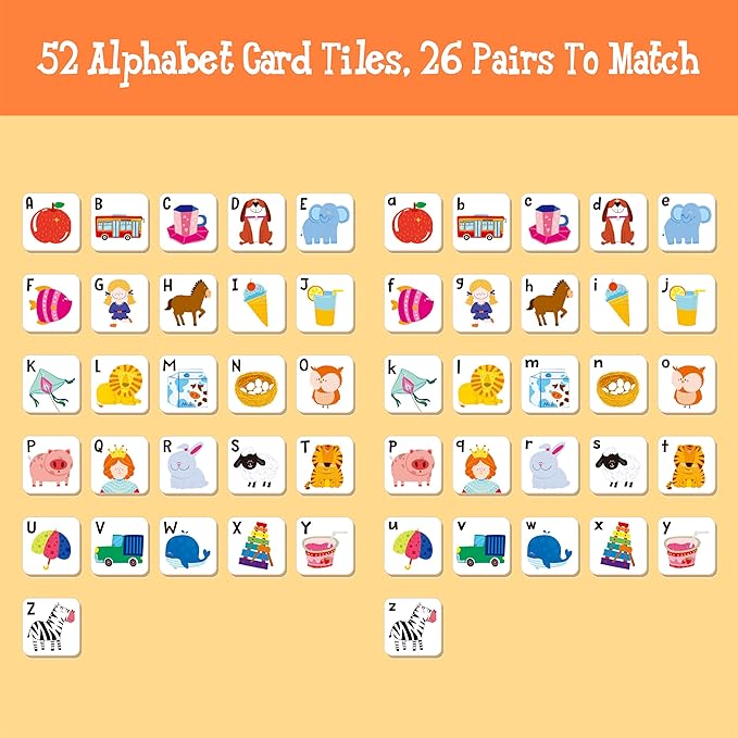 Hebayy 52 PCS Alphabet Memory Game, 26 Pairs Uppercase & Lowercase Letters Matching Game, Educational Early Learning Toy for Toddlers, Kindergarten, Kids 3+