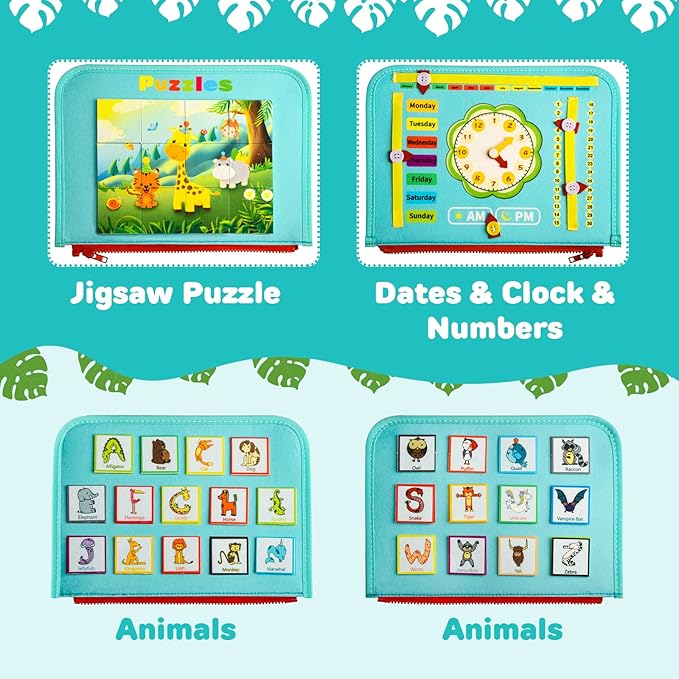 Busy Board Montessori Toys for 1 2 3 4 Year Old Boys & Girls Sensory Learning Activities Game with Alphabet Spelling & Toddler Kids Travel Busy Book & Birthday Gifts & Fine Dress Motor Skill