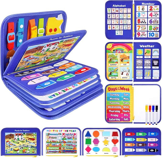 12-page Toddler Busy Board Montessori Toys for 1 2 3 4 Years Old, Busy Book for Toddlers 1-3 Boy Birthday Gift, 24 in 1 Activity Sensory Toys for Motor Skills, Travel Toy for Car Airplane (Blue)