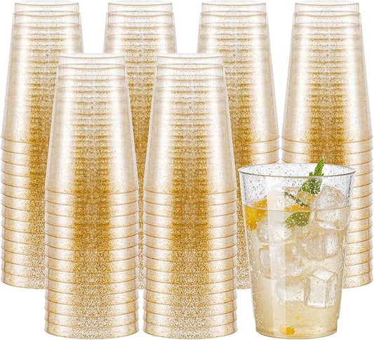 supernal 100pcs Gold Plastic Cups 12 oz, Glitter Clear Disposable Cups Heavy Duty, Fancy Plastic Cocktail Tumblers for Wedding, Thanksgiving, Christmas, Parties Champagne & Mixed Drinks