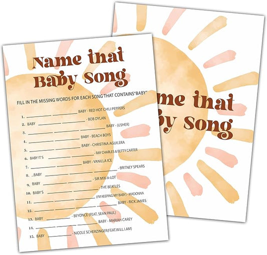 Baby Shower Games for Boy - Boho Sun Name That Song Game, Sunshine Here Comes The Son Gender Reveal - Set of 25 Cards (Bohosun008)