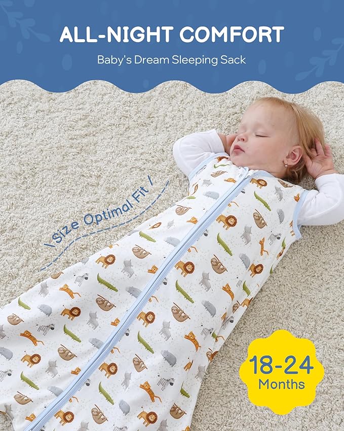 Baby Sleep Sack 18-24 Months, 100% Organic Cotton Wearable Blanket for Babies, 2-Way Zipper TOG 0.5 Lightweight Breathable Baby Sleeping Bag, 4 Sizes-XL Animal&Plant&White