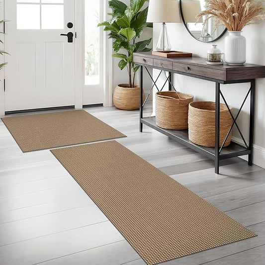 KOZYFLY Area Rug Runner Sets of 2 Pcs 2x3 and 2x5 Washable Kitchen Rugs Non Slip Rubber Backed Hallway Rug Woven Cotton Entrance Rugs for Front Porch Bathroom Kitchen Bedroom, Tan/Orange/Brown