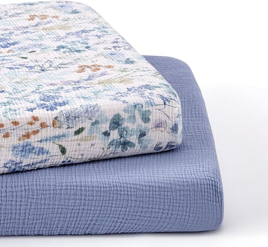 TILLYOU Muslin Mini Crib Sheets 2 Pack, Pack and Play Mattress Sheets Fitted for Pack N Play, 38'' x 26'' Sheet for Toddler, Blue Flower