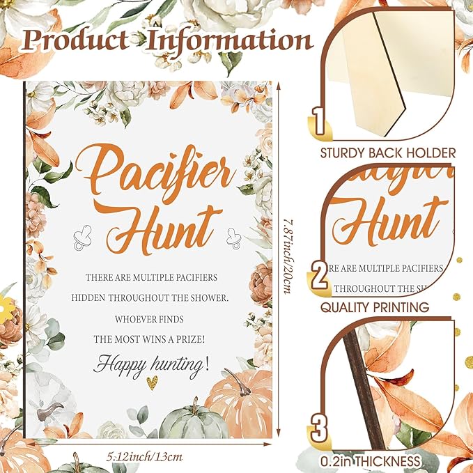 Thyle 51 Pcs Pacifier Hunt Baby Shower Games Include Hunt Sign and 50 Acrylic Pacifiers for Baby Shower Game Decoration Gift Sets Gender Reveal Party Decor(Pumpkin)