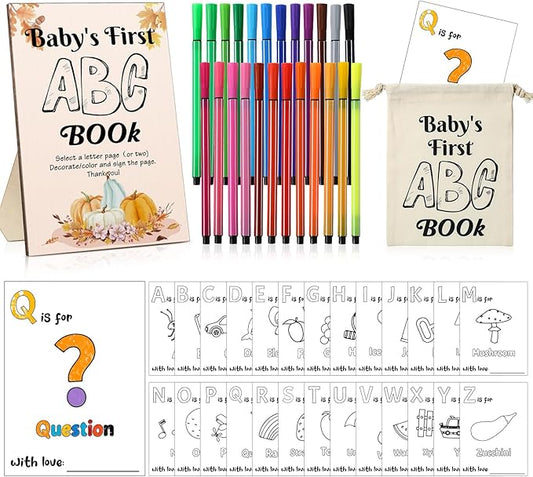 Geelin 51 Pcs Fun Baby Shower Game Activities First Abc Book Sign Coloring Game Card 26 Alphabet a to Z Coloring Card with 24 Watercolor Pen Storage Bag for Baby Shower Party(Autumn)