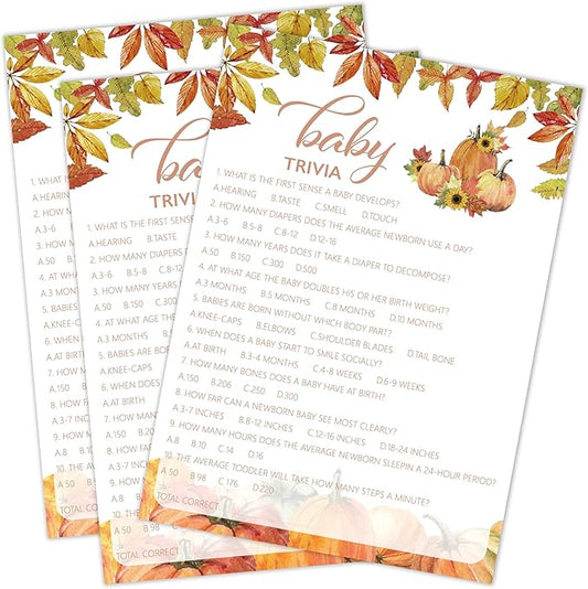 Fall Baby Shower Games, Baby Trivia Game Cards, 5x7 in, Thanksgiving Baby Shower Party Favor Decorations Supplies - A05